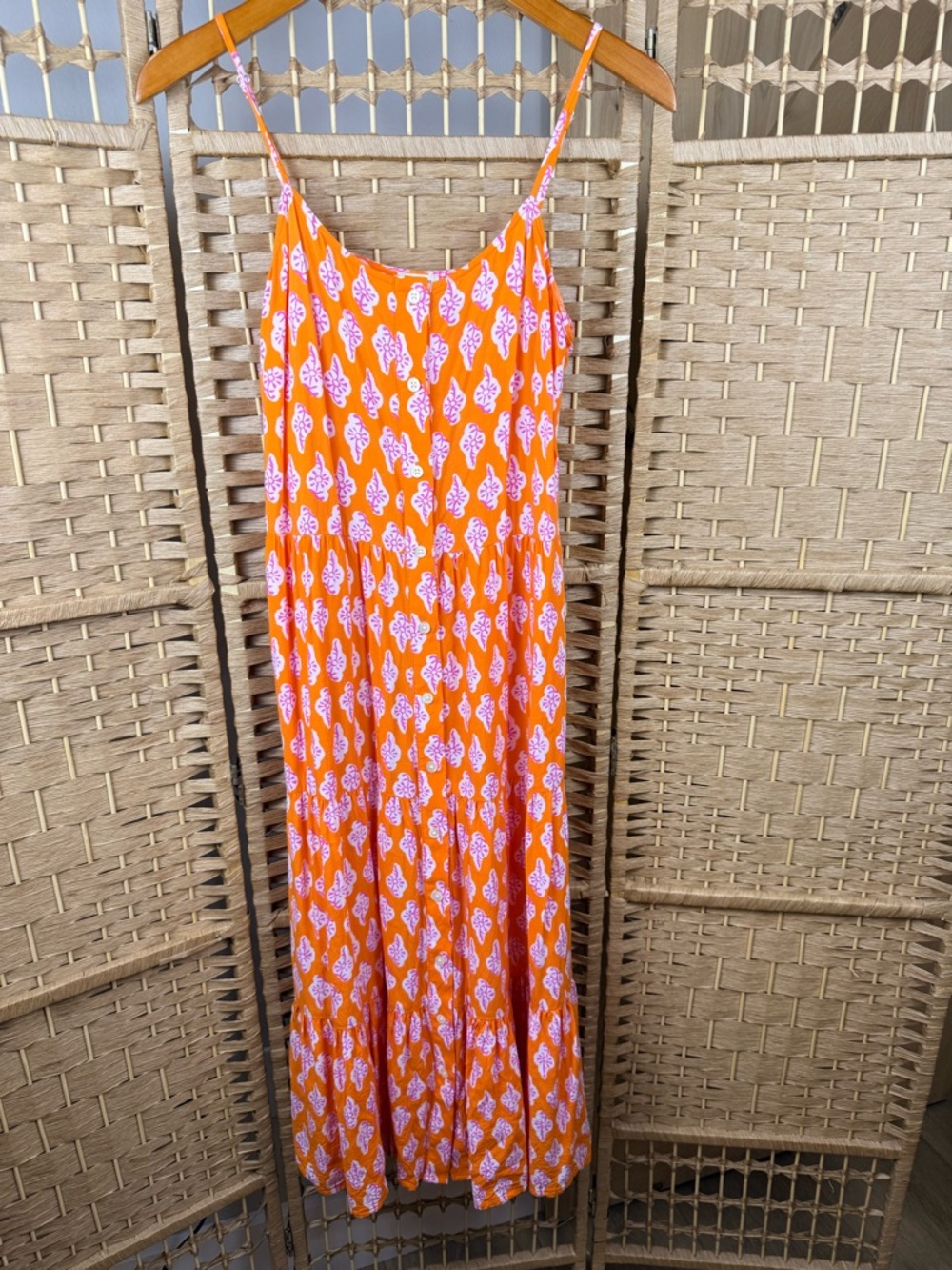 J Crew Orange and Pink Floral Button Front Midi Dress Pockets Size 4